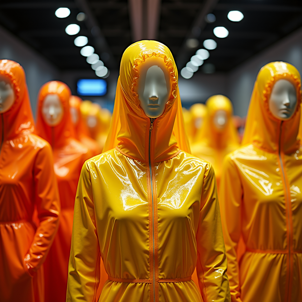 Mannequins in shiny yellow and orange outfits stand in neat rows.