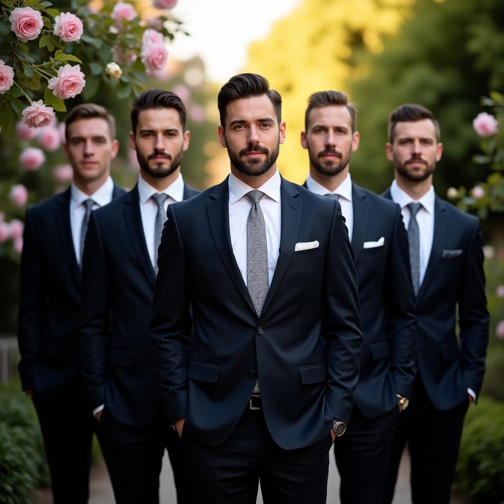 Group of well-dressed men in dark suits in a beautiful garden setting. Soft lighting enhances the features. Background features blooming roses and lush greenery. Serious yet approachable expressions create a formal yet inviting mood. Perfect for a wedding atmosphere.