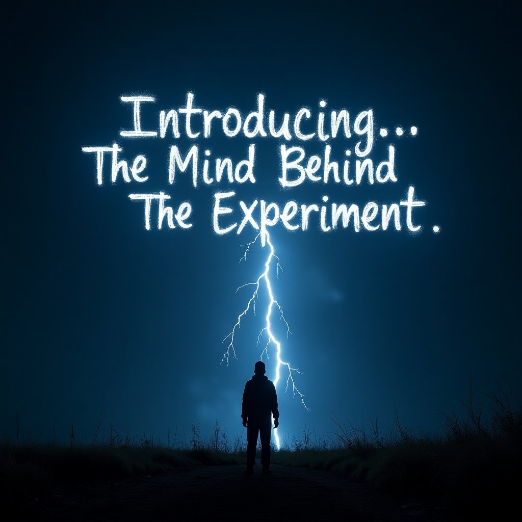 Writing appears in the night sky. Lightning conjures letters one by one. Final phrase reads 'Introducing... The Mind Behind the Experiment.'