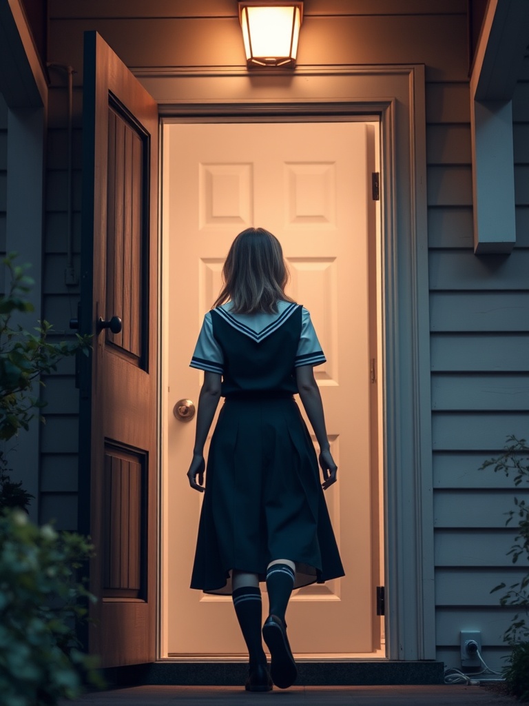 The image captures the back view of a young woman in a classic sailor outfit, standing in an open doorway. The warm glow from the light above casts soft shadows, creating a sense of mystery and expectation as she appears ready to step inside. The setting is domestic and intimate, evoking feelings of nostalgia and curiosity about what lies beyond the door.