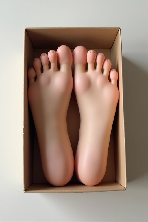 A pair of realistic female feet placed inside a neatly arranged box with a clean background. The feet are lifelike with attention to detail on toes and skin texture.