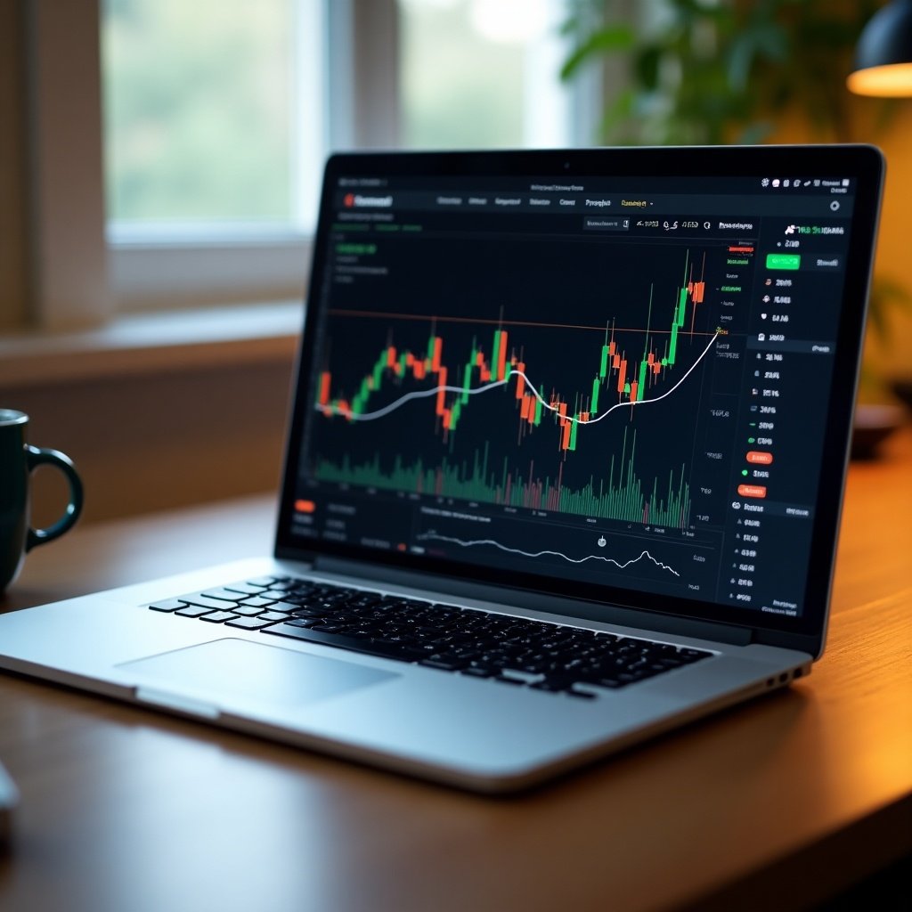 Laptop positioned on a table with a stock graph displayed on the screen. The scene is at an angle, highlighting the laptop and its contents.