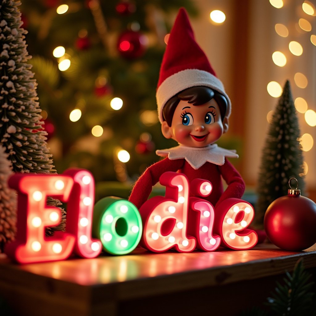 A cheerful elf on the shelf is the main focus of this vibrant Christmas scene. The elf is dressed in a classic red and white outfit. Joyfully, it is writing the name 'Elodie' in colorful, illuminated letters. Surrounding the elf are plenty of festive decorations, including a beautifully decorated Christmas tree and glimmering twinkling lights. The overall atmosphere is warm and inviting, evoking the essence of holiday cheer and magic. This enchanting scene captures the spirit of Christmas, making it perfect for family celebrations and personalized gifts.