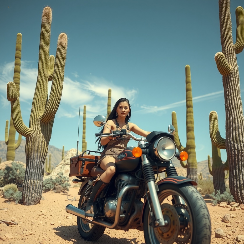 A woman confidently rides a vintage motorcycle through a desert landscape filled with towering saguaro cacti. The bright blue sky and soft sandy ground create a striking backdrop, evoking a sense of adventure and independence. Her attire complements the rugged and open environment, enhancing the theme of freedom.