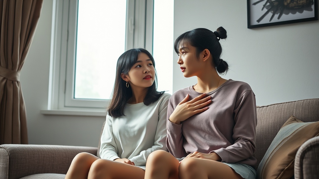 The image depicts two young women seated on a comfortable couch, engaged in a seemingly heartfelt conversation. The woman on the left is attentively listening, while the woman on the right appears to be sharing something personal, her hand placed over her chest. The bright light from the window illuminates their expressions, emphasizing the emotional connection between them. The setting is cozy, with a neutral color palette lending a serene atmosphere to the scene.