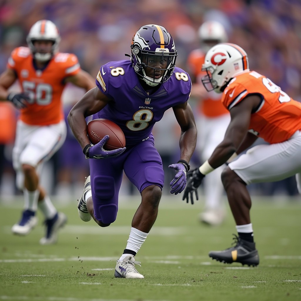 Action shot of a player in purple diving into the end zone against orange jerseys in a football game.