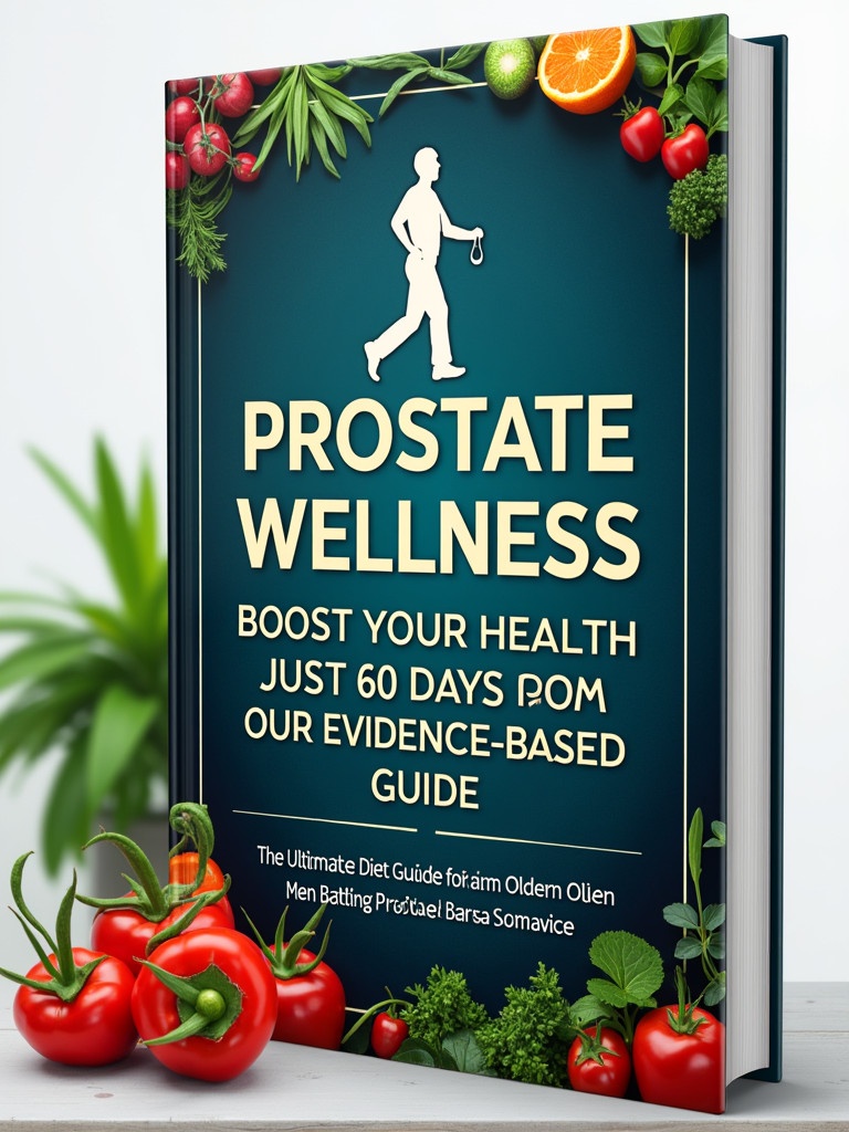 Design a book cover for Prostate Wellness. Use sophisticated colors like deep blues and greens. Include visuals symbolizing health with fresh vegetables and a silhouette of an older man. Highlight the title prominently in a modern font. Make the subtitle smaller and clearly visible. Convey hope and nutrition focus for older men.