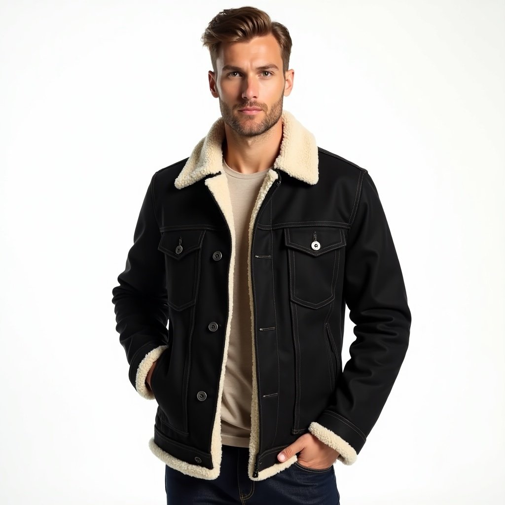 Image of a man wearing a black sherpa-lined jacket with a soft beige inner lining. The jacket features two flap-style chest pockets with visible black buttons, long sleeves with subtle stitching, and a rugged yet stylish design. The inner lining is displayed with the jacket worn open. He wears slim-fit dark indigo denim jeans and a plain beige or white t-shirt underneath. The model is positioned standing confidently against a clean white studio background with soft lighting that emphasizes the jacket's texture and details.