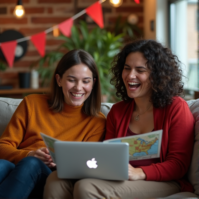 Two women sit on a cozy sofa, laughing and looking at a laptop screen, surrounded by festive bunting and plants in a warmly lit room.