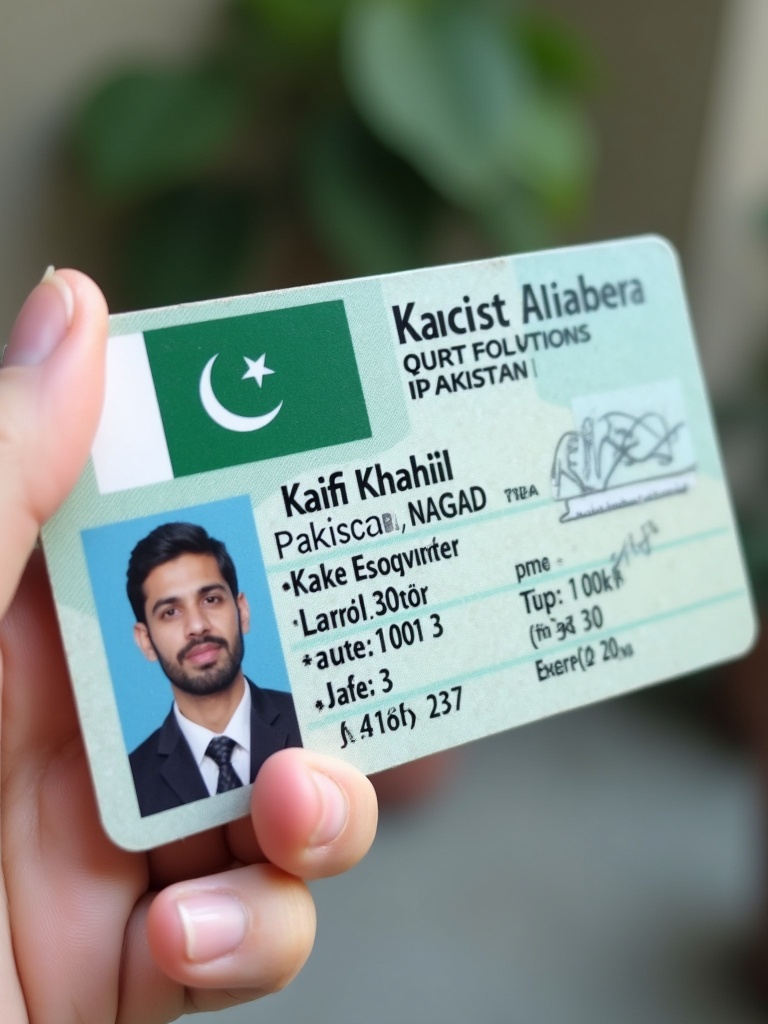 A Pakistan ID card is shown. The ID contains the name and ID number. The card displays a national flag. It serves as an identification document.