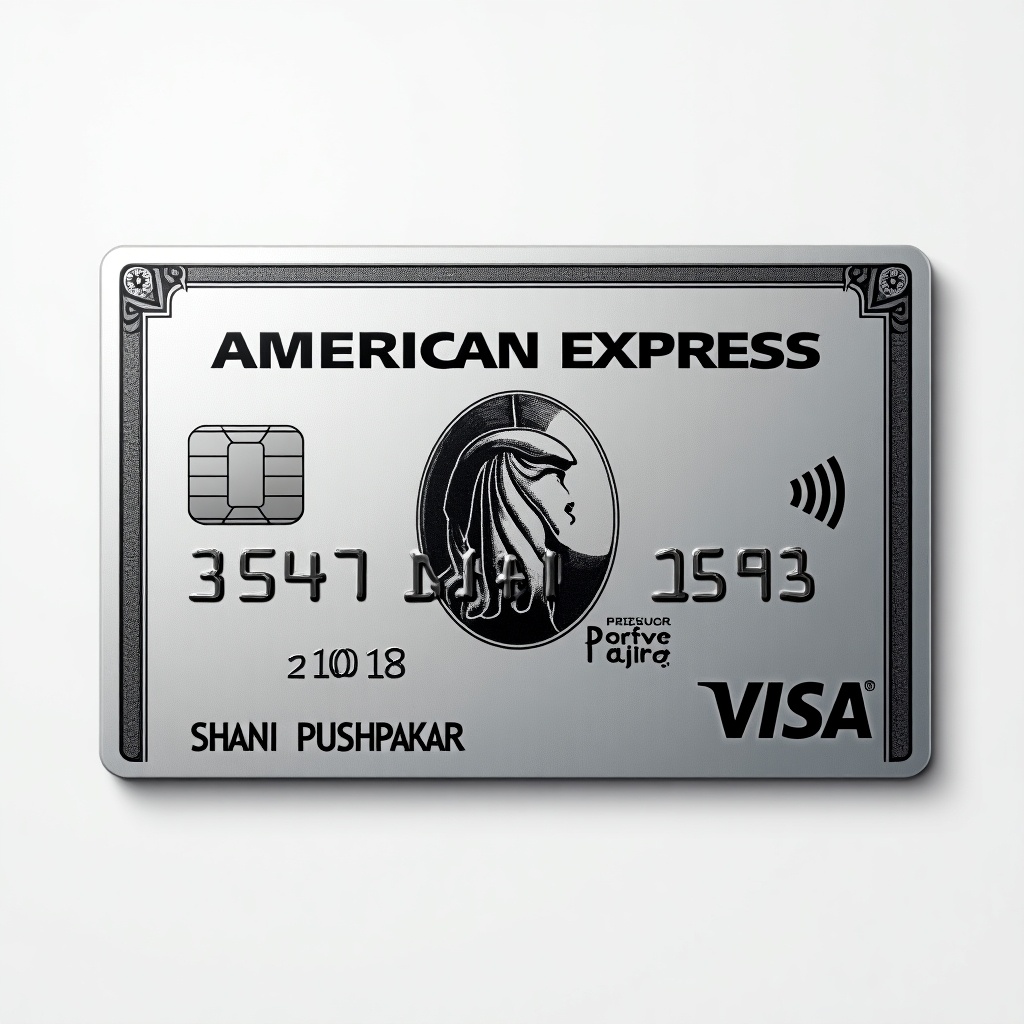 Realistic image of a platinum American Express credit card. Prominent Visa logo present. Cardholder name Shani Pushpakar and expiry date March 2028 visible. Silver background with bold black font representing modern elegance.