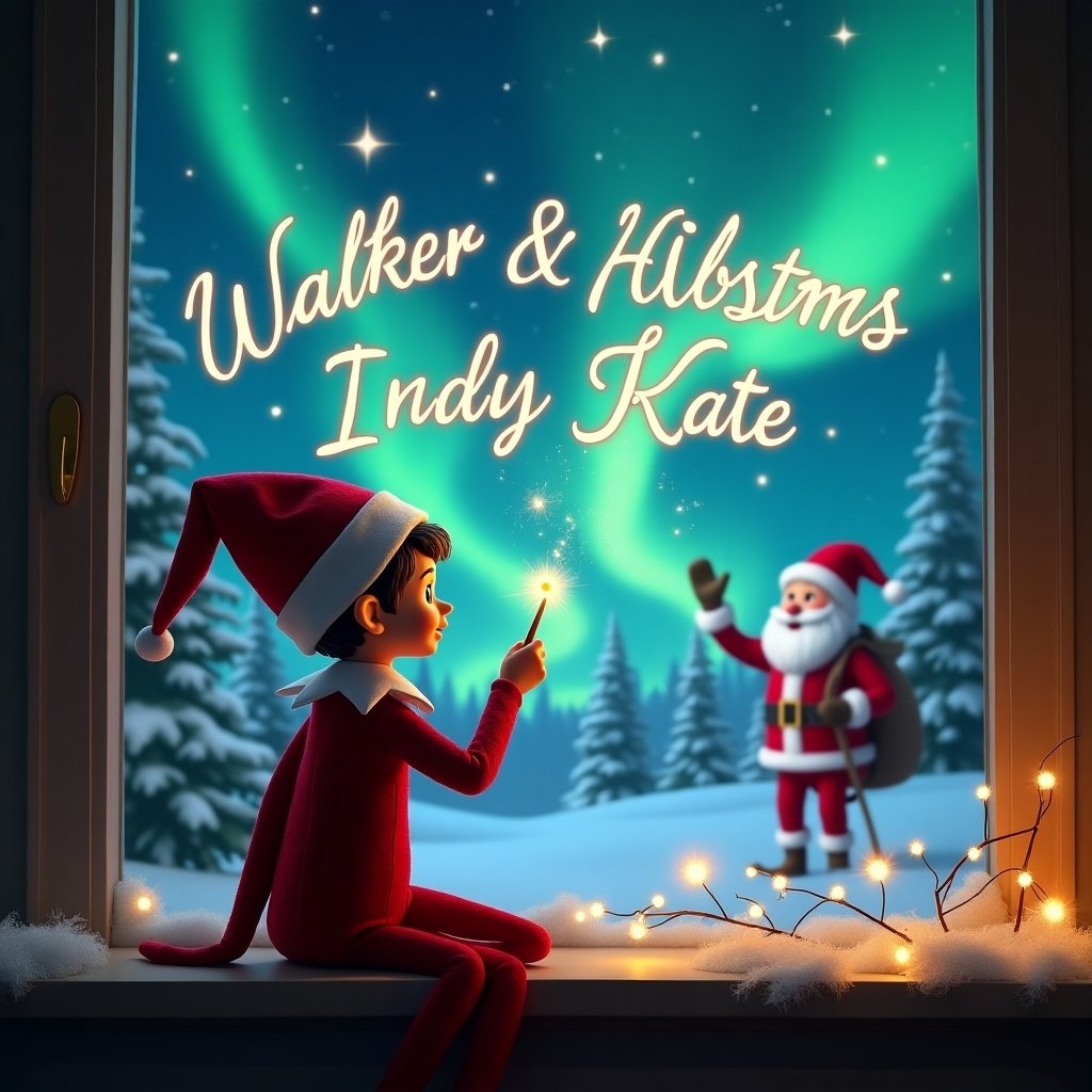 This image features an elf on the shelf, who is facing the night sky with his back to the viewer. He is using a magic wand to elegantly write in the sky, creating a whimsical scene. The background is a magical Christmas setting, showcasing vibrant northern lights. In the scene, Santa Claus can be seen, adding to the festive atmosphere. The names 'Walker & Indy Kate' are beautifully scripted in the sky, emphasizing the enchanting theme of the image.