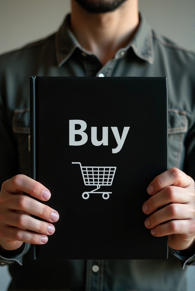 A person holds a black notebook displaying the word 'Buy' and an icon of a shopping cart.