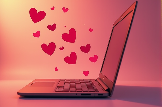 A laptop on a pink background with various-sized red and pink hearts floating around it.