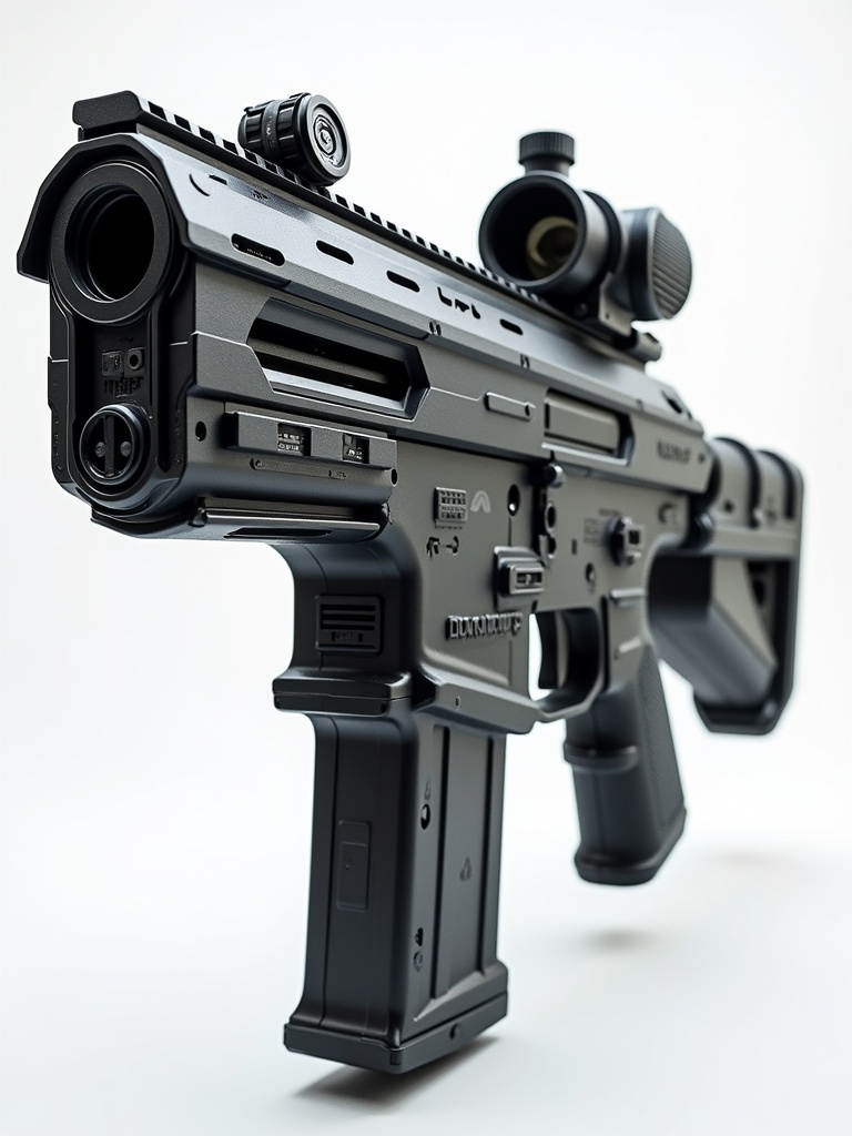 Futuristic weapon design combines elements from various firearms featuring a non-bullpup layout. The weapon displays sharp edges and showcases a black and gray color scheme. It has an ergonomic and tactical appearance emphasizing military-grade quality. The design includes a unique conglomeration of features, making it suitable for sci-fi contexts.