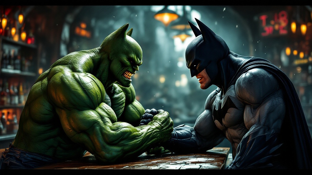 In a dimly lit bar, two iconic figures, Batman and Hulk, engage in an epic arm wrestling match. The atmosphere is charged with tension, as each character displays immense strength. Batman's muscular form is clad in his signature dark suit, while Hulk's green, hulking physique showcases his raw power. The bar is filled with a sense of rivalry and excitement, with patrons watching intently. Both heroes exhibit fierce expressions, emphasizing their determination to win, making it a clash of titans in a casual setting.