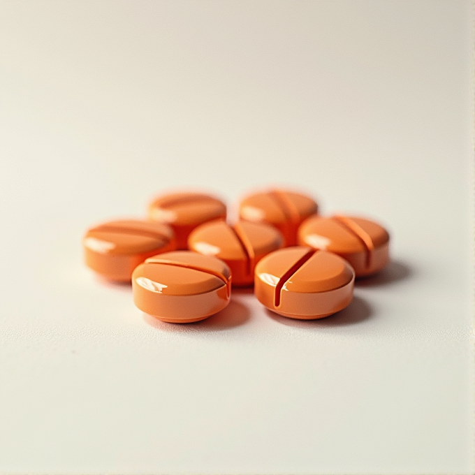 The image features seven orange tablets with a glossy finish, each with a score line, arranged on a smooth, light-colored surface.