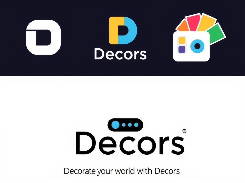 This image features three variations of a logo for the brand 'Decors.' The logos incorporate bright, modern colors and simple geometric shapes, conveying a sense of creativity and flexibility. The tagline 'Decorate your world with Decors' is prominently displayed, indicating the company's focus on home or space decoration solutions.