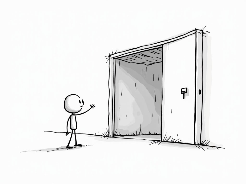 This illustration depicts a simple cartoon-like figure in a line drawing style, standing in front of a large garage door that is open upwards. The background is a clean white, emphasizing the black and gray shading of the door and the figure. The figure appears cheerful, with a welcoming gesture towards the garage door. The garage door is detailed with a textured look, suggesting it's made of wood or metal. The ground has minimal detail, giving a clear focus on the action of opening the door and the joy it brings.