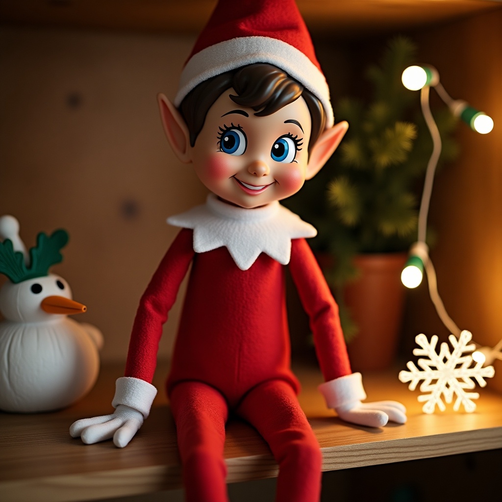 The image showcases a playful Elf on the Shelf sitting on a wooden shelf. The elf has a bright red outfit with white accents and a cheerful smile, embodying the spirit of Christmas. Behind the elf, there are soft glowing lights and a small Christmas tree, adding to the festive atmosphere. On the shelf, a cute snowman decoration can also be seen, further enhancing the holiday theme. This charming scene brings joy and warmth, perfect for holiday-themed content.