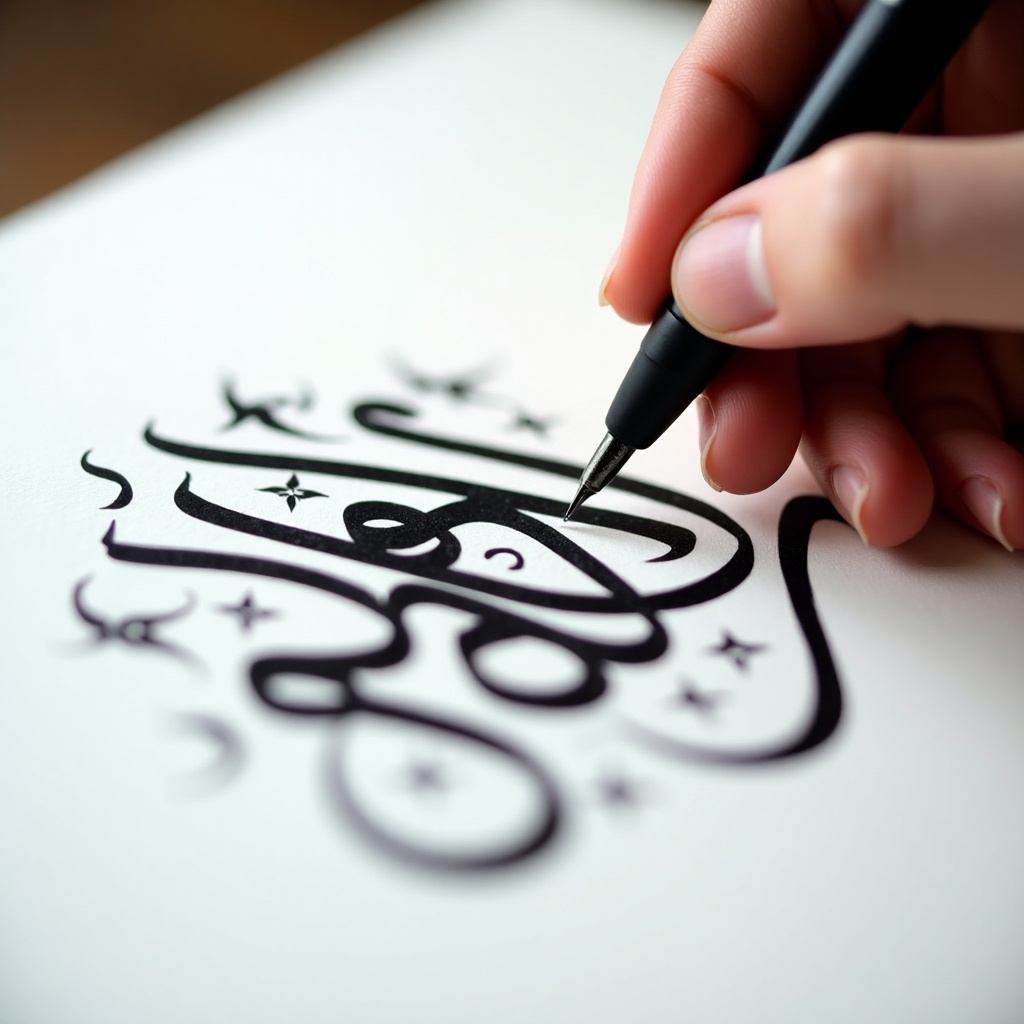 Hand holds pen writing Arabic calligraphy. Bold black ink creates letters on white paper. Focused hand draws surrounding designs. Soft lighting highlights strokes.