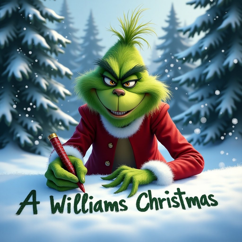 The Grinch in a red suit smiles while writing A Williams Christmas in freshly fallen snow. Snowflakes fall gently around him. Tall, snow-covered trees create a festive atmosphere. This scene captures the magic of the holiday season.