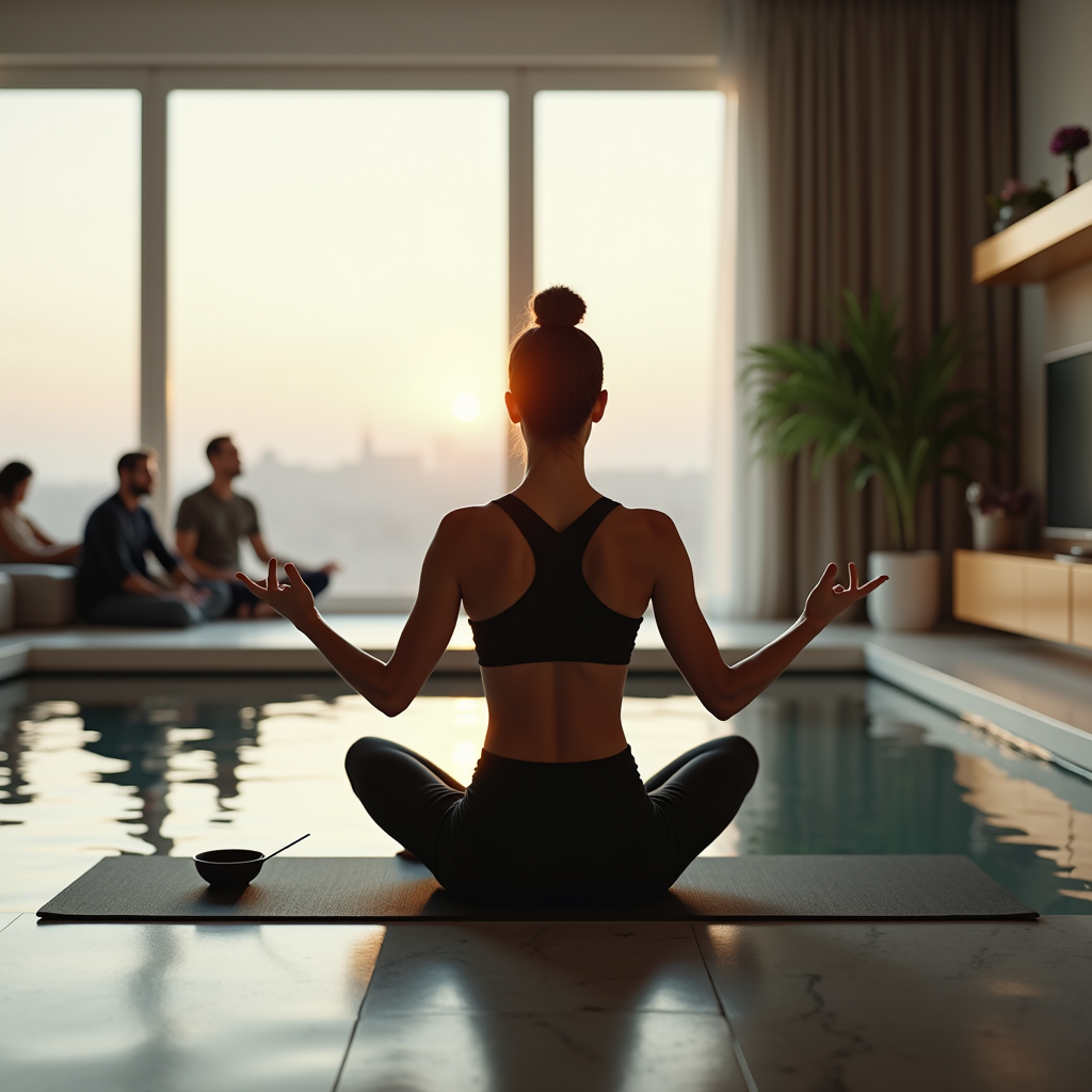 A person is meditating by a pool, with a group of people in the background during sunset.