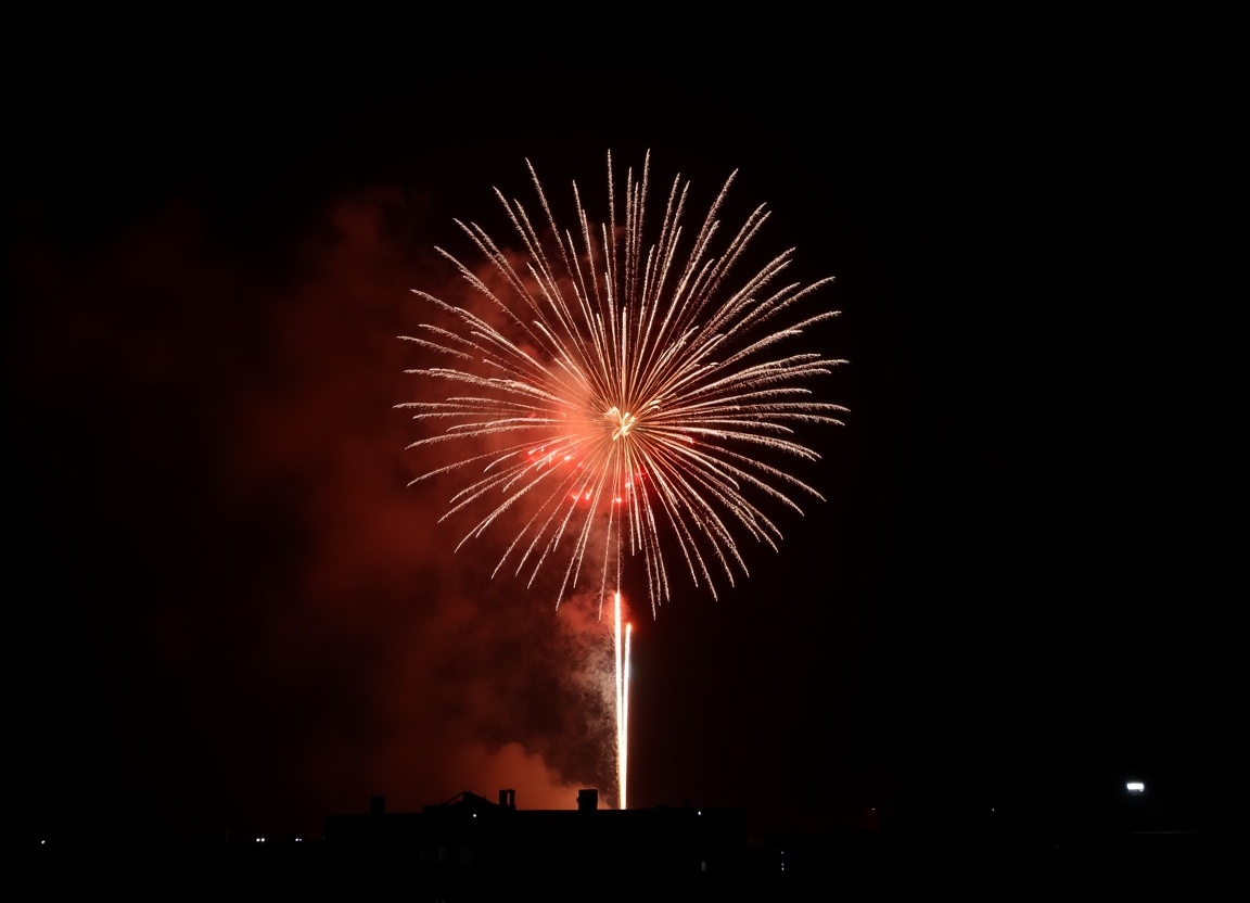 This image showcases a vibrant firework exploding in the night sky. The backdrop is completely black, enhancing the bright colors of the fireworks. The primary colors are red, brown, and white, creating a striking visual appeal. The photo has a grainy texture, indicating it's not of the highest quality. It captures the essence of celebration and festivity, often associated with occasions like the 4th of July.