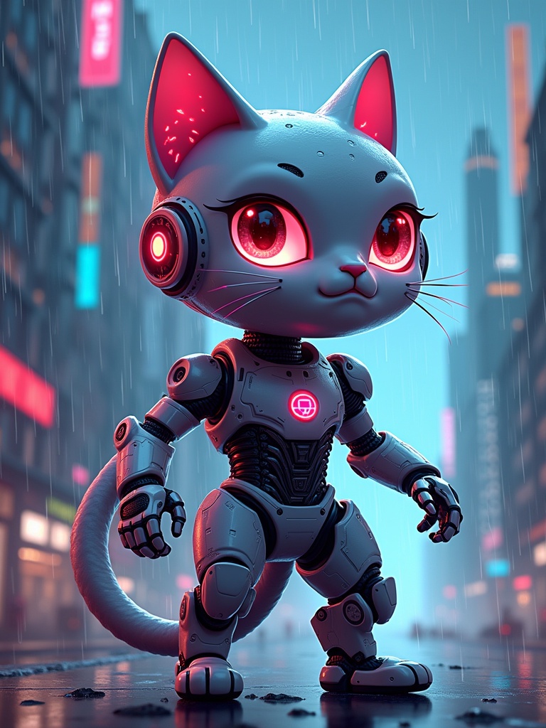 Futuristic illustration of Grok’s Cat, digital mascot. Features mischievous cat head, glowing cybernetic eyes, sleek fur. Robotic body with metallic plating and neon lights. Background is a cyberpunk cityscape with digital rain.