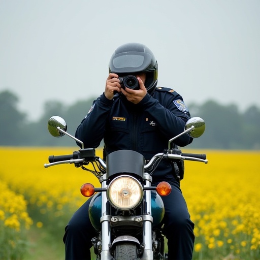 A police officer sits on a motorcycle taking a photo. Bright yellow flower field stretches behind. Officer wears uniform and helmet. Captures a moment of civic duty.