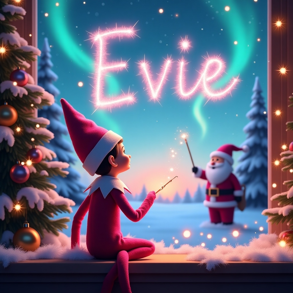 This image depicts a whimsical holiday scene with a pink elf on the shelf. The elf sits with his back to the viewer and gazes at a colorful sky. Using a magical wand, he writes the name 'Evie' in sparkling letters against the backdrop of vibrant northern lights. The setting is filled with Christmas cheer, featuring tall pine trees decorated with ornaments. In the distance, Santa can be seen, adding to the festive atmosphere.