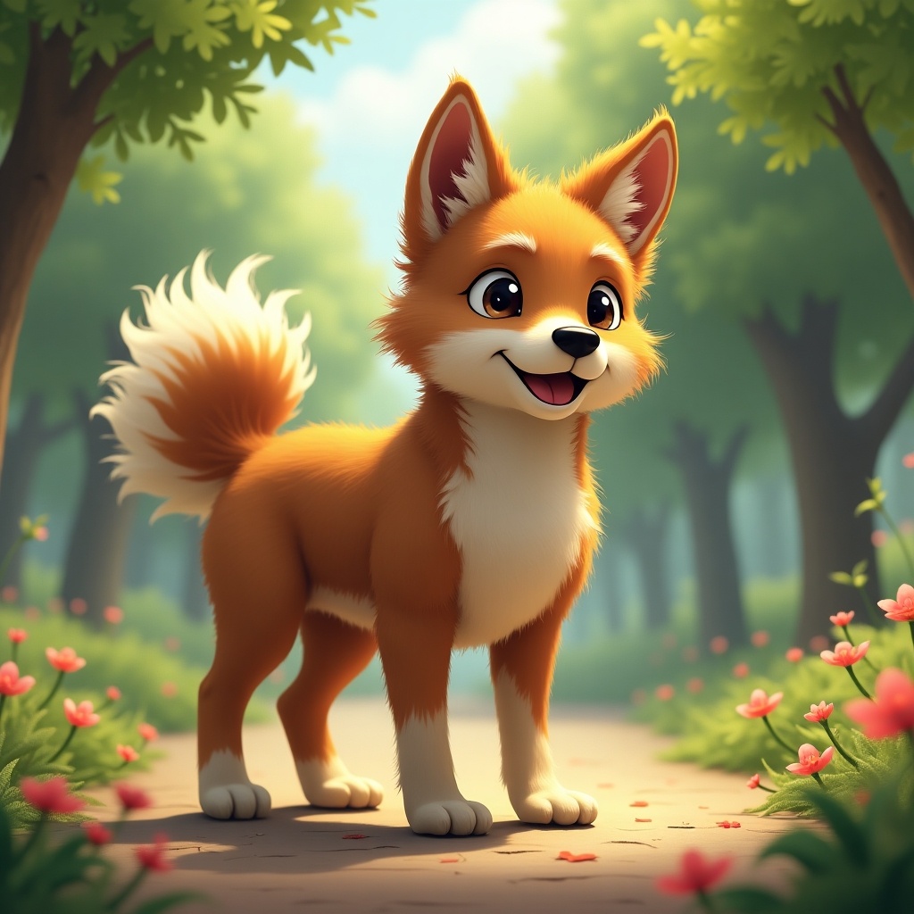 A hybrid character combines a dog and human traits. The body is humanoid with muscular features. The skin is fur-covered. The character has a wagging tail and dog ears. The settings are in a vibrant park full of trees and flowers. The character has simple clothing and an approachable demeanor.