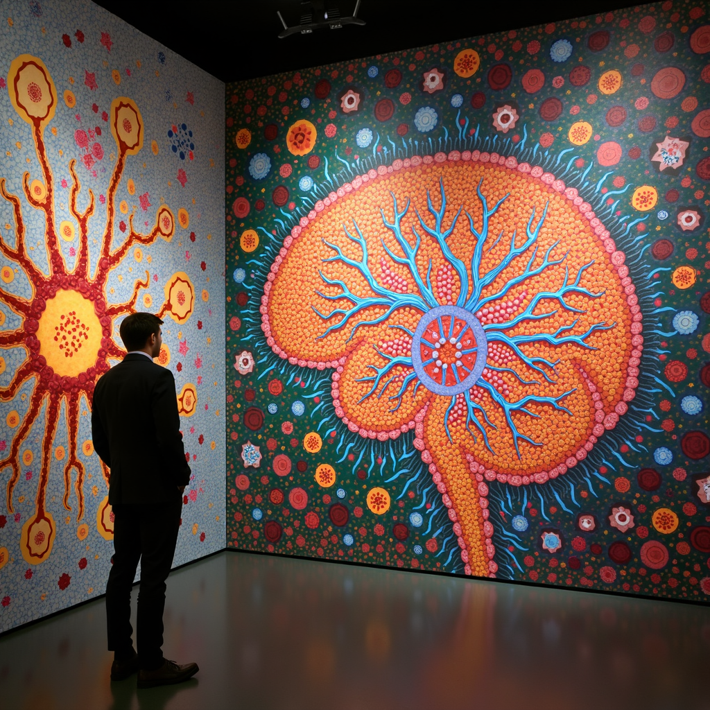 A man in a suit observes vibrant, colorful abstract artwork resembling neural networks on adjacent walls.