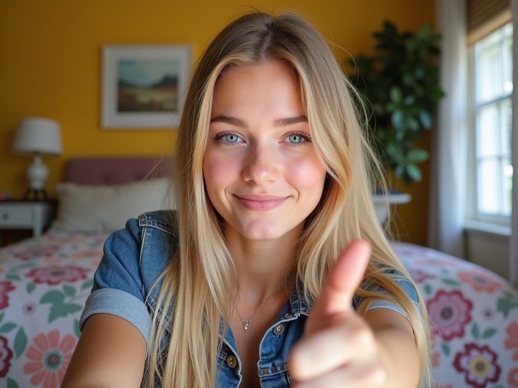 A selfie featuring a young woman with long, straight blonde hair and striking blue eyes. She is wearing a denim outfit similar to the original picture, showcasing a casual style. The background is similar, highlighting a vibrant, cozy room with hints of decor. The young woman gives a thumbs up hand sign, conveying a sense of positivity and happiness. The lighting is bright and natural, emphasizing her features and the overall cheerful atmosphere of the photo.