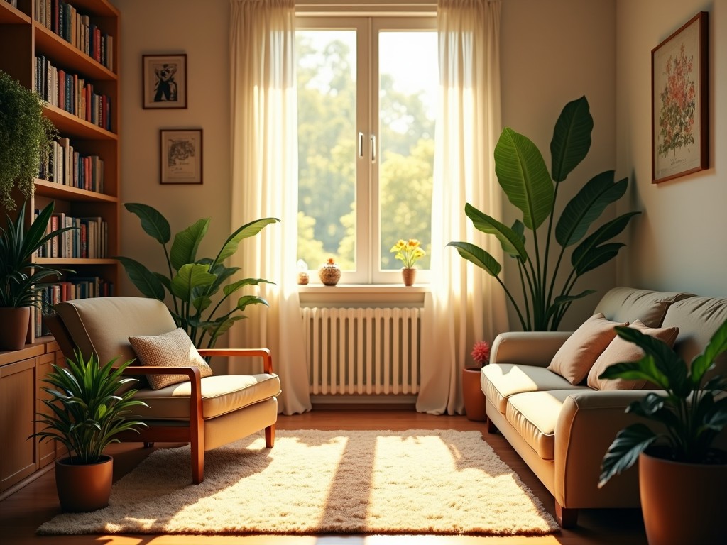 This image depicts a cozy living room filled with natural light. Large windows allow sunshine to filter through sheer curtains, illuminating the space. The room features a comfortable beige couch and an armchair, both adorned with soft pillows. Lush green plants add life and vibrancy to the decor, placed thoughtfully in various corners. A soft rug lies on the wooden floor, enhancing the inviting atmosphere. Bookshelves filled with books and artworks complete the serene setting.