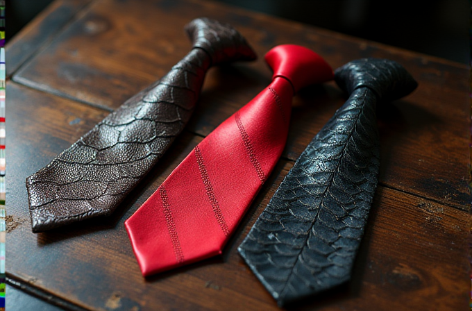 Three neckties, in brown, red, and black, with distinct textured patterns, are neatly arranged on a wooden surface.