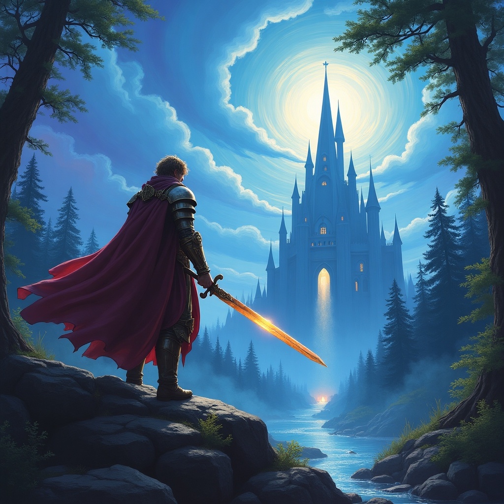 A fantasy scene featuring a knight in armor with a glowing sword facing a mystical castle surrounded by trees and a river at night.