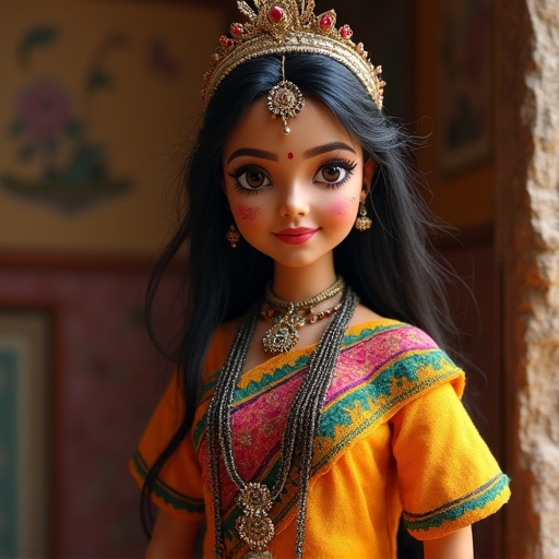 Doll wearing traditional Indian attire. Doll is adorned with intricate jewelry. The background is softly blurred. Vibrant colors in the outfit and accessories are noticeable.