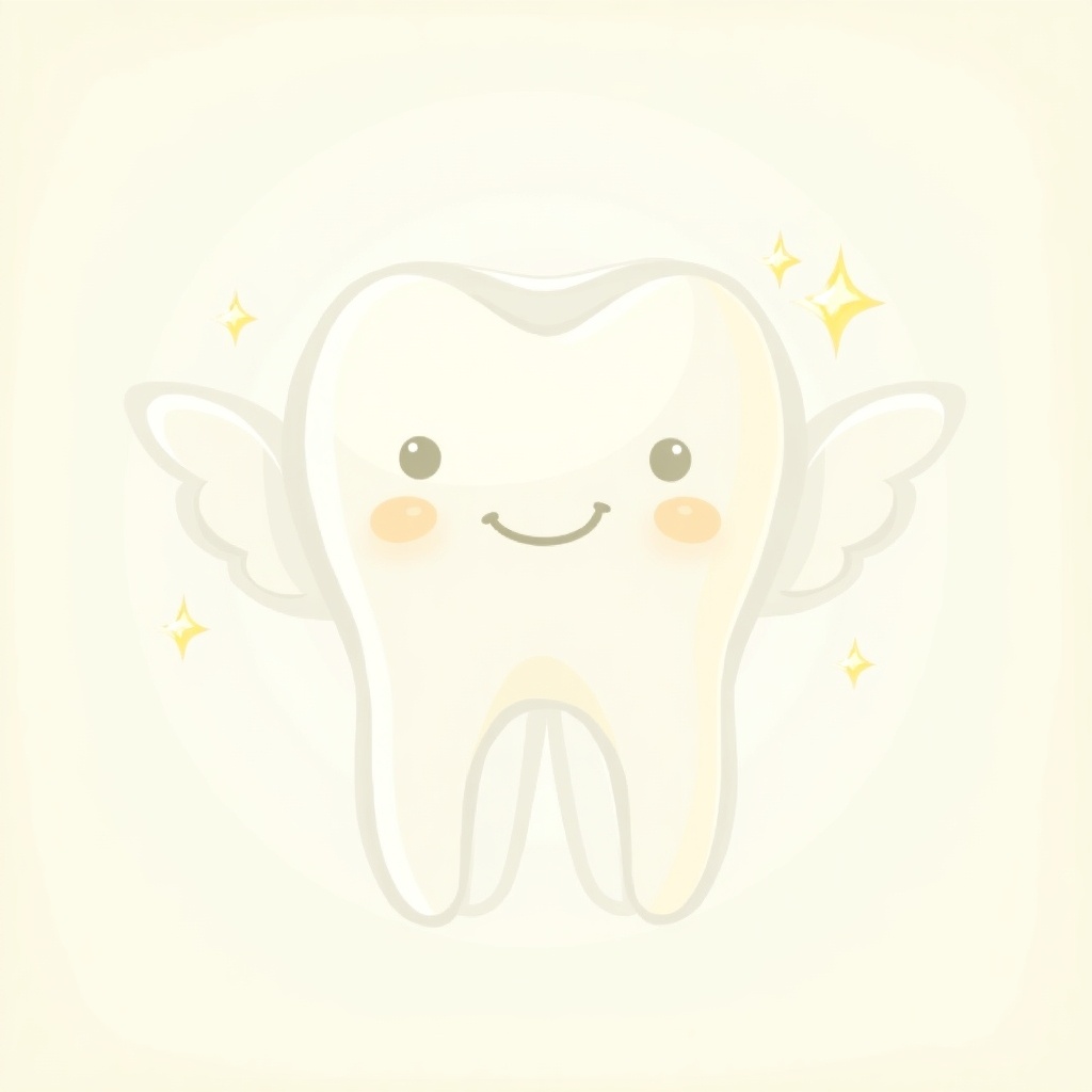 Image of a cartoonish tooth with angel wings. The tooth has a smiling face and rosy cheeks. Sparkles surround the tooth. The background is soft and light. The character is joyful and promotes dental health.