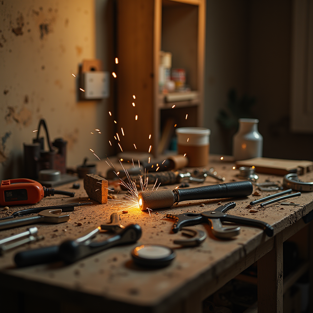 A cluttered workbench scattered with tools, featuring glowing sparks from a small burning torch in a dimly lit workshop.