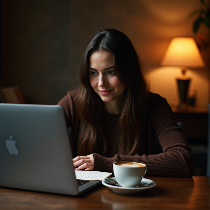 A woman is sitting in a warmly lit café, focused on her laptop with a cappuccino beside her.