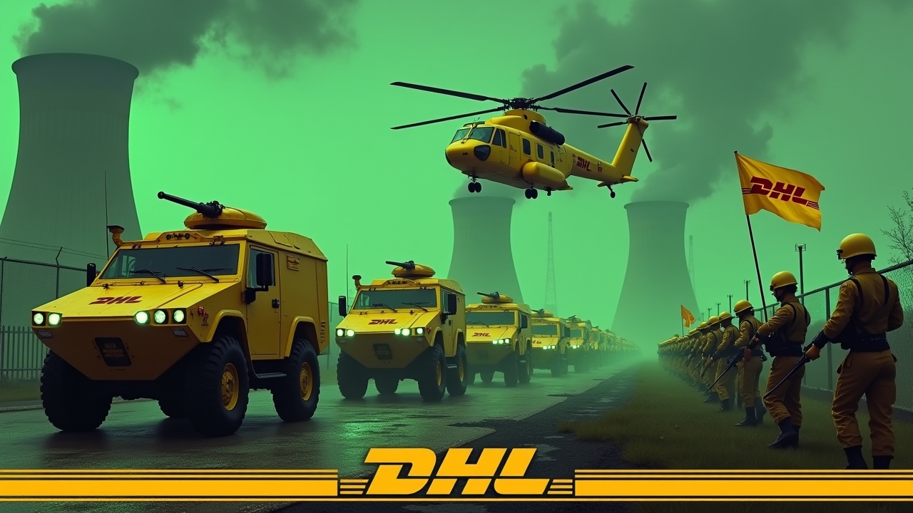 In a dramatic scene, several large yellow armored cars equipped with cannons drive up to a fence. The sides of the armored cars show the DHL logo. Nearby, several soldiers wearing yellow uniforms and holding rifles are seen marching in unison. One soldier is holding a flag with the DHL logo. In the background, we see the prominent smokestacks of a nuclear power plant glowing in green. The sky is awash with an evil green glow, and a large yellow Chinook CH-47 cargo helicopter flies above, adding to the intensity of the scene. At the bottom, we see the bold DHL logo displayed in yellow text.