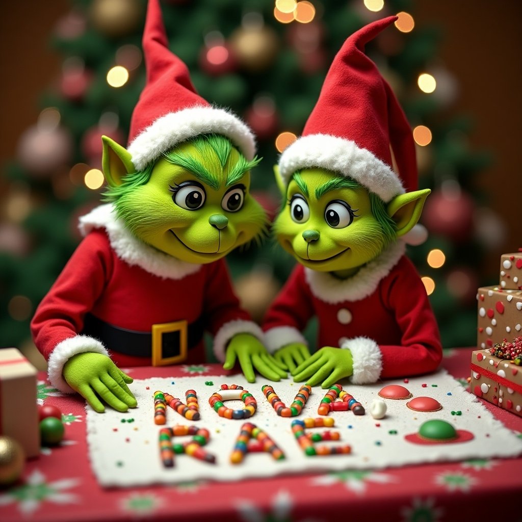 Grinch and elf collaborate on table. Writing name Nova-Rae with colorful sweets. Festive decorations in background.