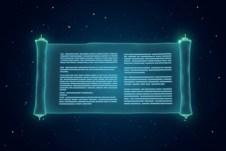 Dark blue starry background with a futuristic digital scroll in the center. The scroll is semi-transparent and unrolling. It has 12 glowing white lines on it. Subtle green and blue light effects surrounding the scroll symbolize tech like AI and blockchain.