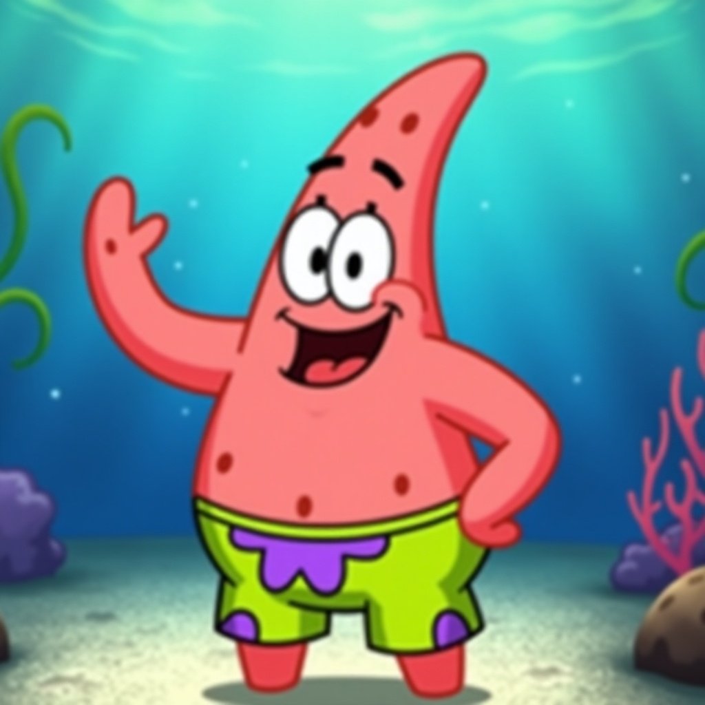 Image of a cheerful pink starfish character. Patrick Star from the animated series 'SpongeBob SquarePants'. Waving happily with bright green shorts. Underwater background typical of the show's setting. Fun and light-hearted vibe appealing to children.