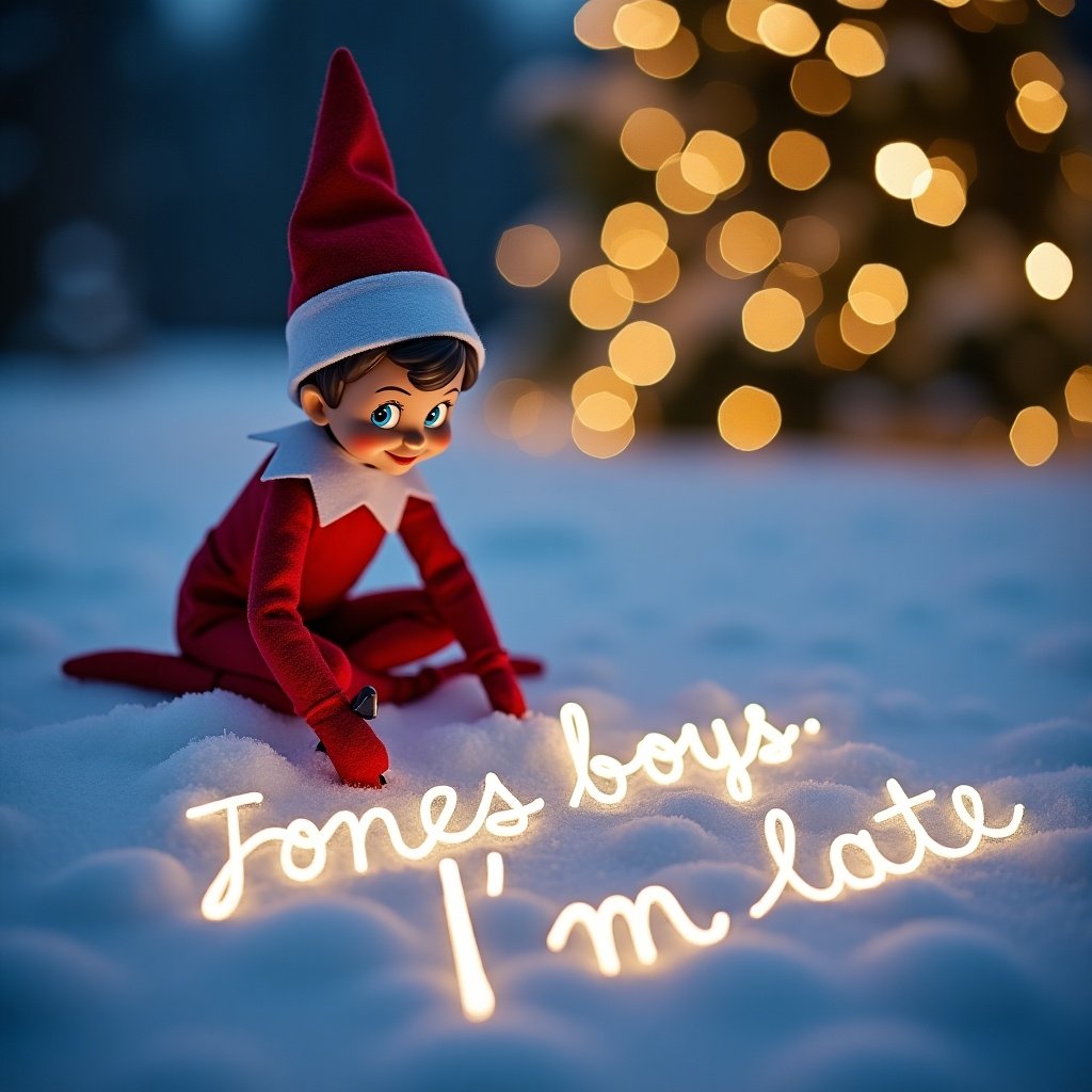 In a snowy landscape, an Elf on the Shelf writes in the snow. The Elf wears a classic red outfit with a pointed hat. Magical lights illuminate the words it writes, adding a whimsical touch. The words 'Jones boys: Sorry I’m late' are in elegant cursive. The background features a Christmas tree with twinkling lights, creating a warm atmosphere.