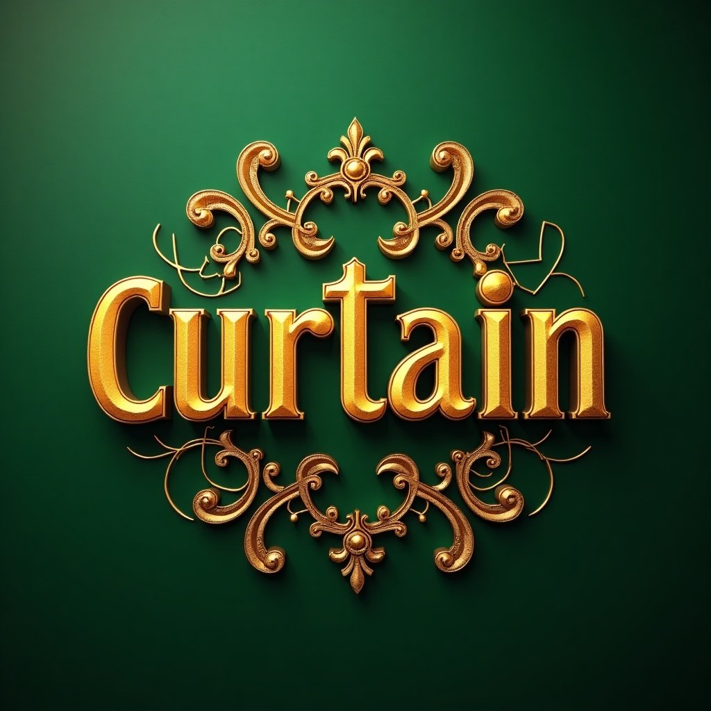 Golden text "Curtain" on a vibrant green background, features diagonal spell effects, ornate details, luxury design elements, suitable for gaming or gambling industry.