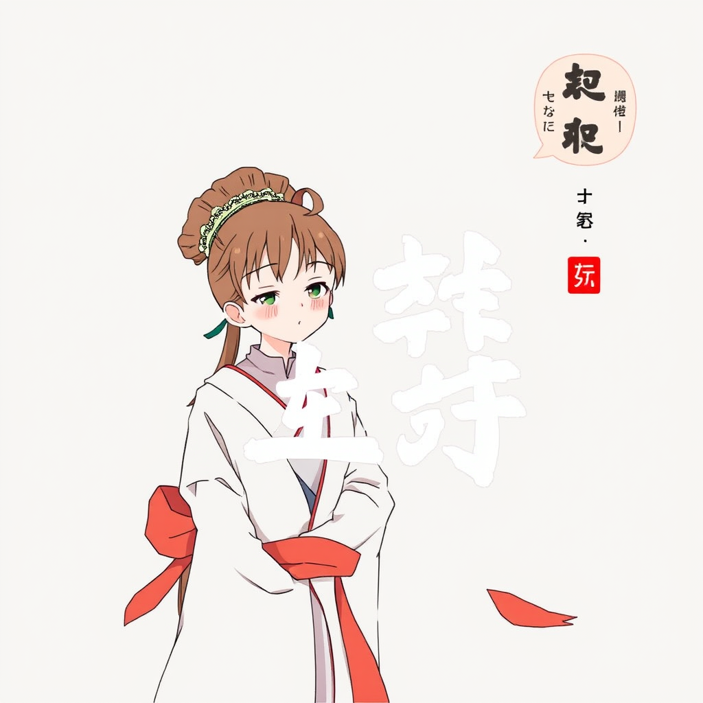 A thoughtful anime character in traditional attire with Japanese text.