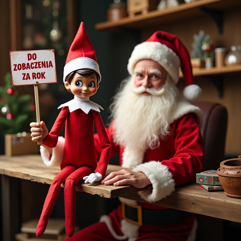 Elf on a shelf with Santa in a workshop. Santa and elf hold a sign. Sign says Do zobaczenia za rok, Dominik.