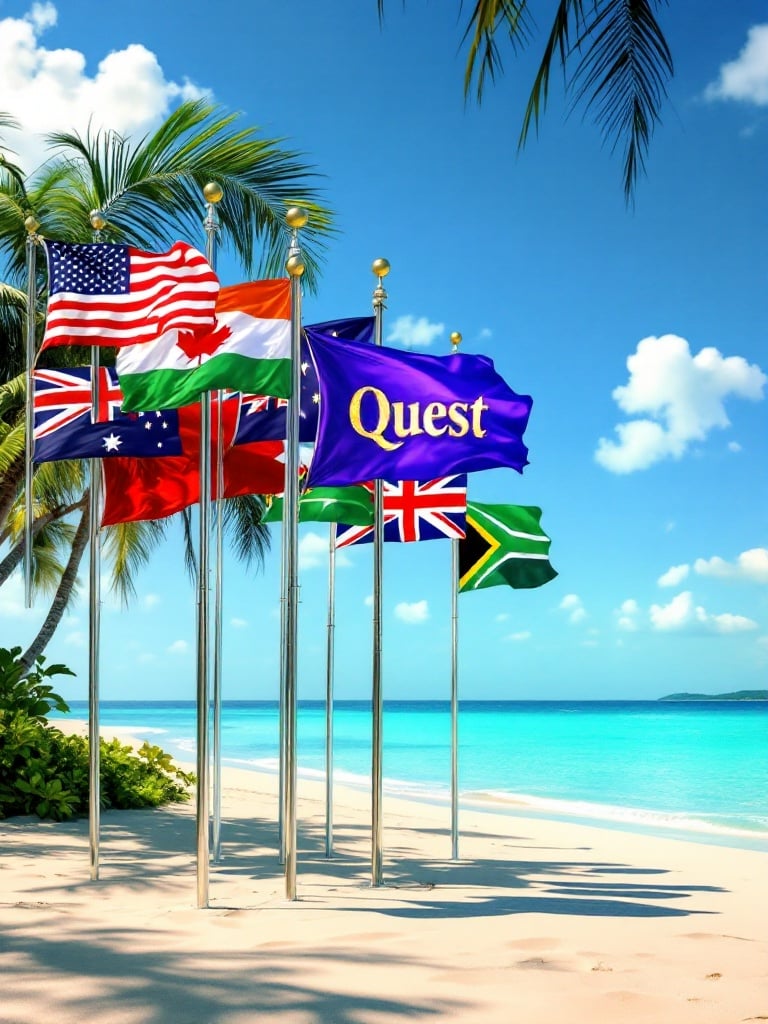 Serene Caribbean beach features pristine golden sand and eight flags representing different nations. Eight flags flutter in a gentle breeze. USA flag is first followed by Canada flag and India flag. Majestic purple Quest flag featured. Union Jack of Australia follows with New Zealand flag and South African flag. Last flag is from Ireland. Beach environment is captivating with clear blue sky and azure ocean.